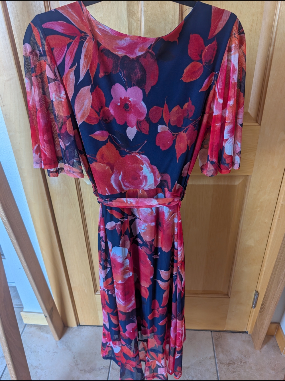 connected apparel Navy and Red Floral Midi Wrap Dress with Flutter Sleeves - Picture 7 of 9